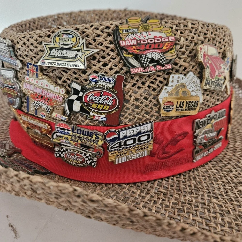 Dale Earnhardt Straw Hat With 40 Racing Pins NASCAR Automobile Some Vintage